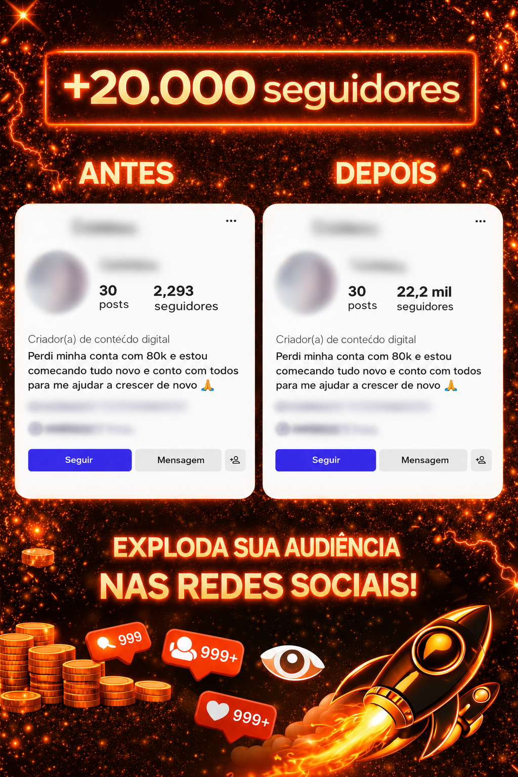 Comparativo real antes e depois com crescimento de seguidores de cliente ViralizeBR.