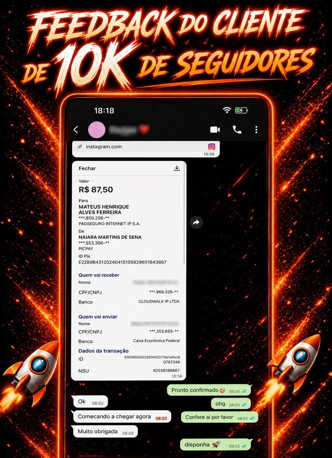 Feedback real de cliente ViralizeBR com comprovante e conversa no WhatsApp.