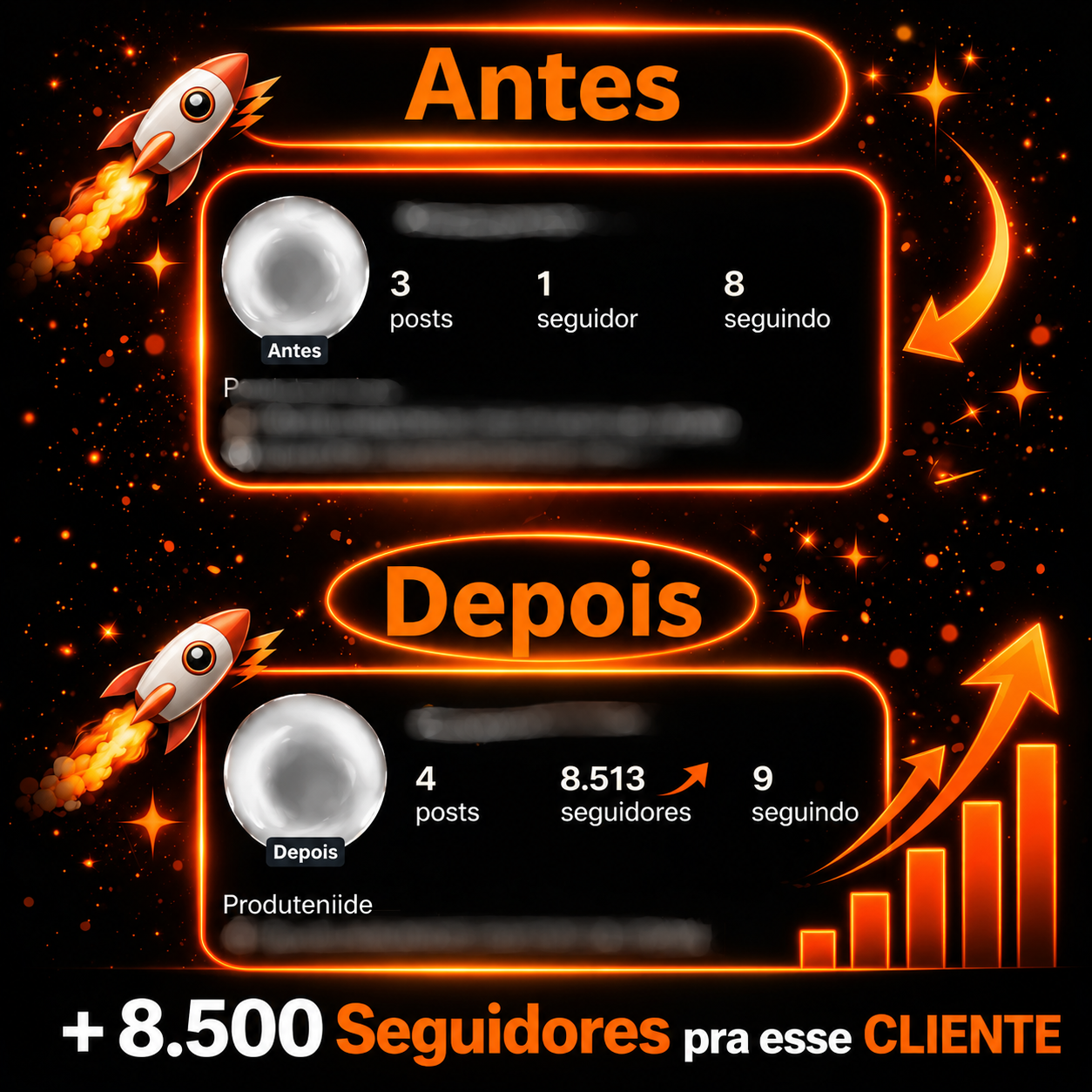 Resultado real de cliente com crescimento de seguidores exibido em arte da ViralizeBR.