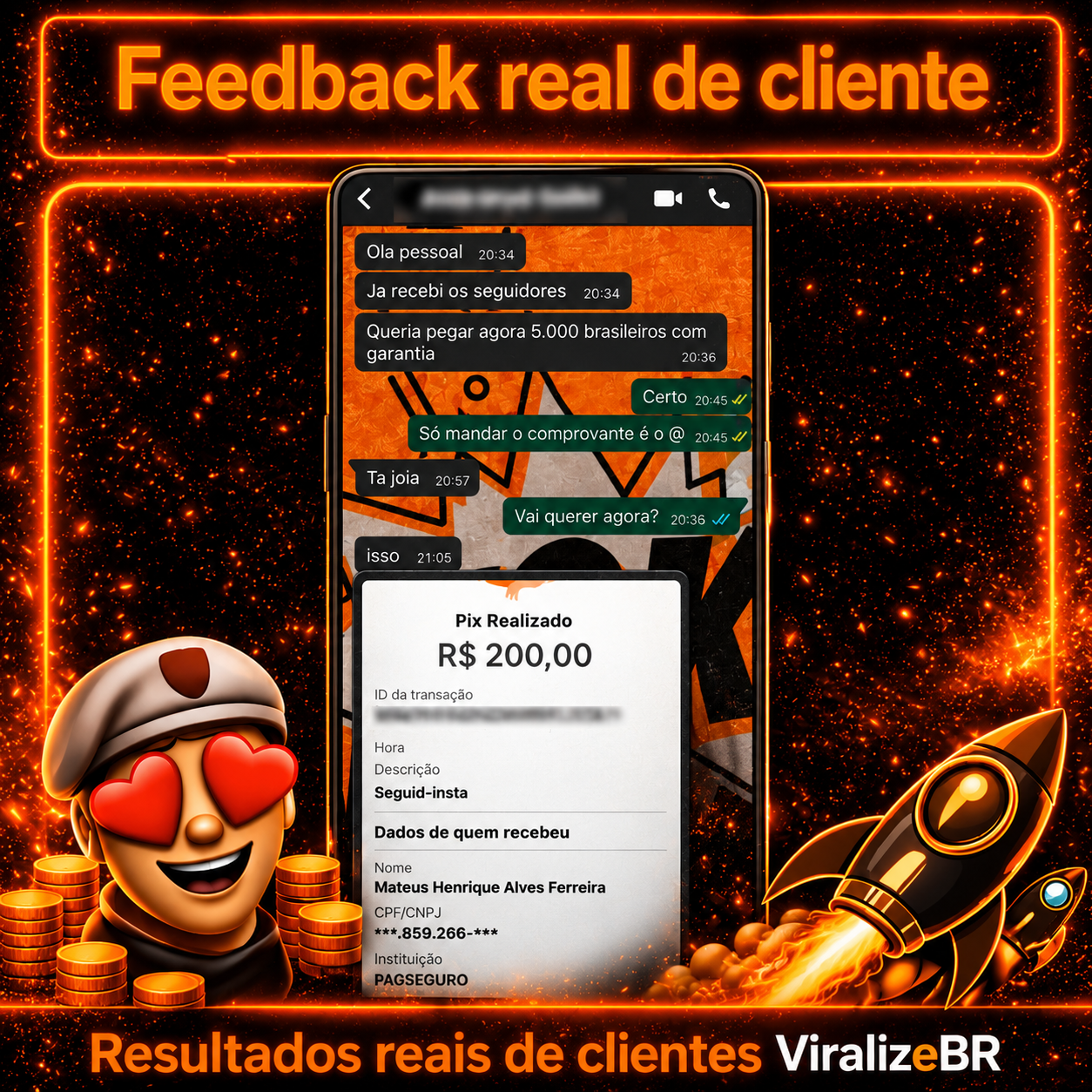 Feedback real de cliente ViralizeBR mostrando conversa e comprovante PIX.
