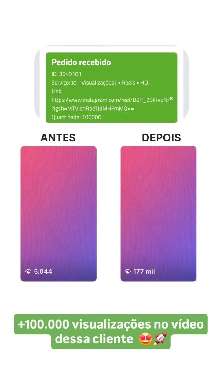 Resultado real de cliente ViralizeBR com comparativo antes e depois de visualizações.